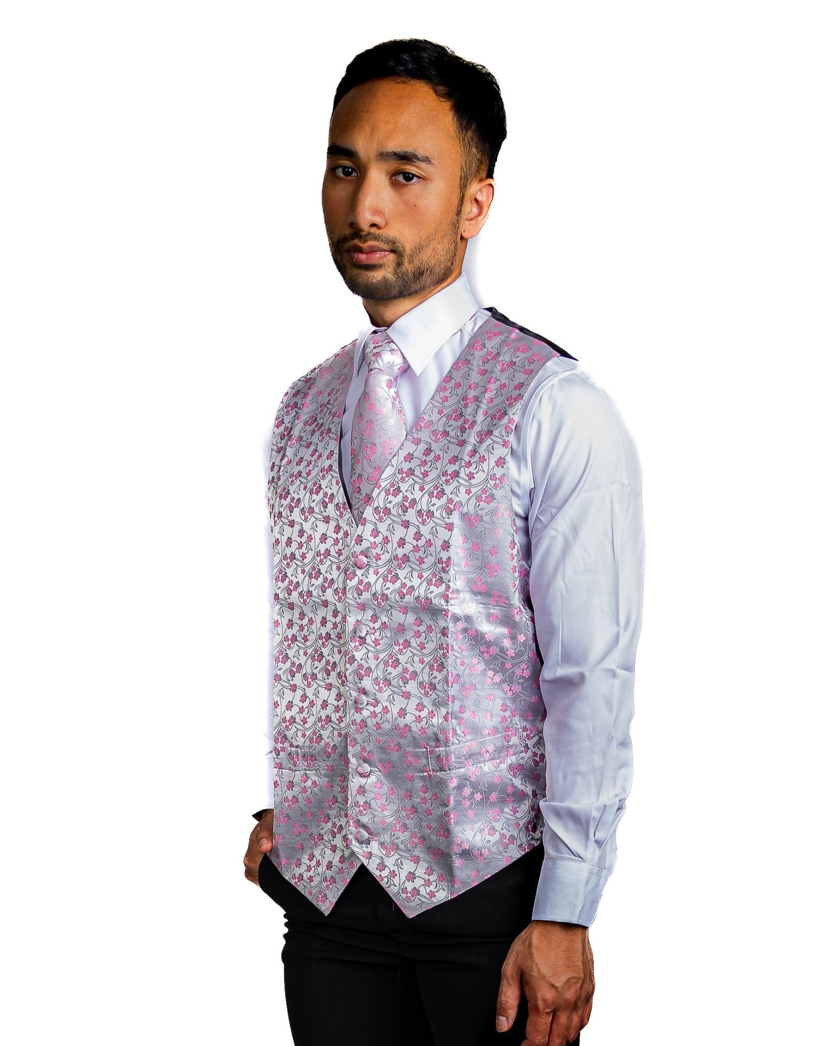 Men's Pink White Flower Silk Vest Necktie Pocket square Cufflinks - MJ - 2089 - SimonVon Shop