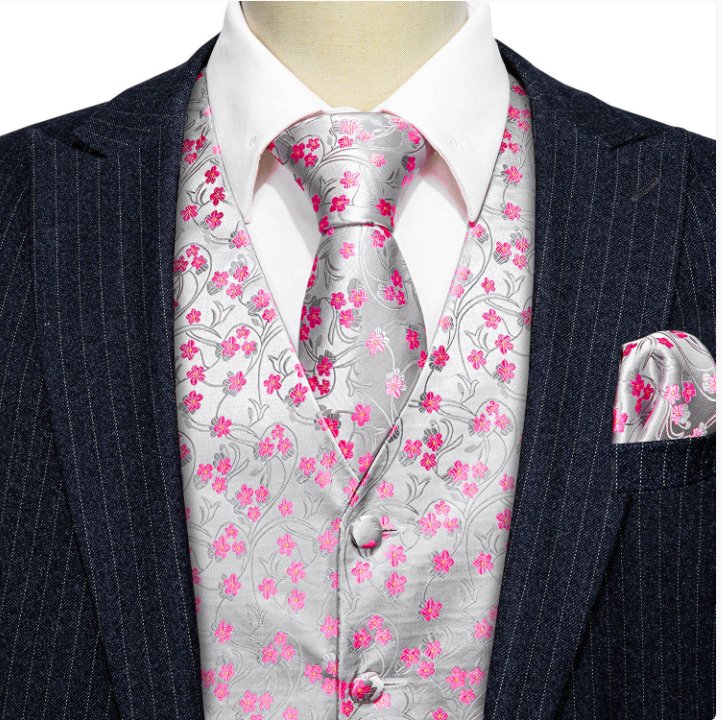 Men's Pink White Flower Silk Vest Necktie Pocket square Cufflinks - MJ - 2089 - SimonVon Shop