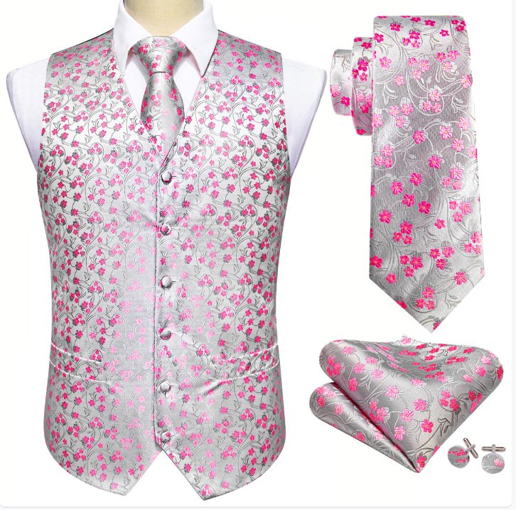 Men's Pink White Flower Silk Vest Necktie Pocket square Cufflinks - MJ - 2089 - SimonVon Shop