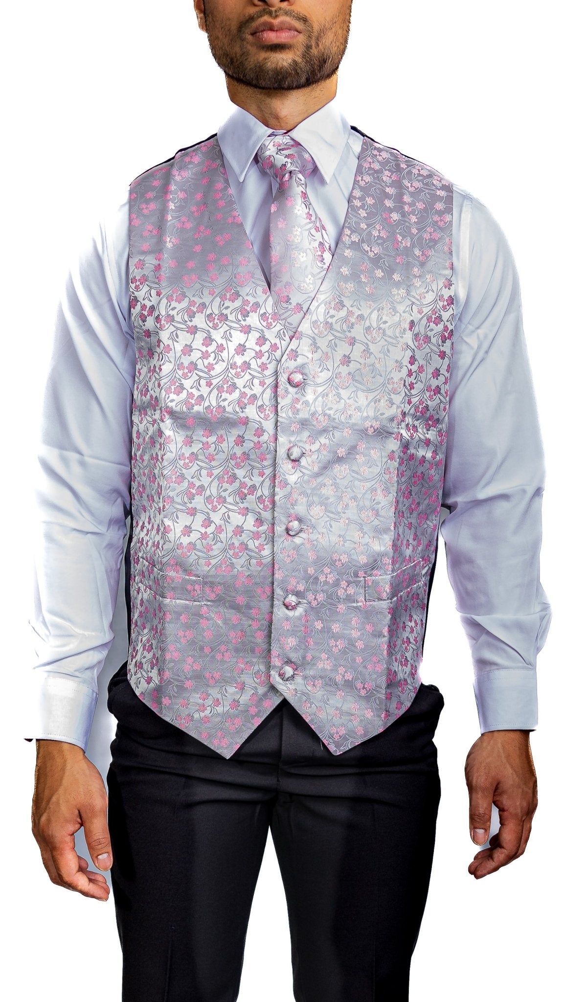 Men's Pink White Flower Silk Vest Necktie Pocket square Cufflinks - MJ - 2089 - SimonVon Shop