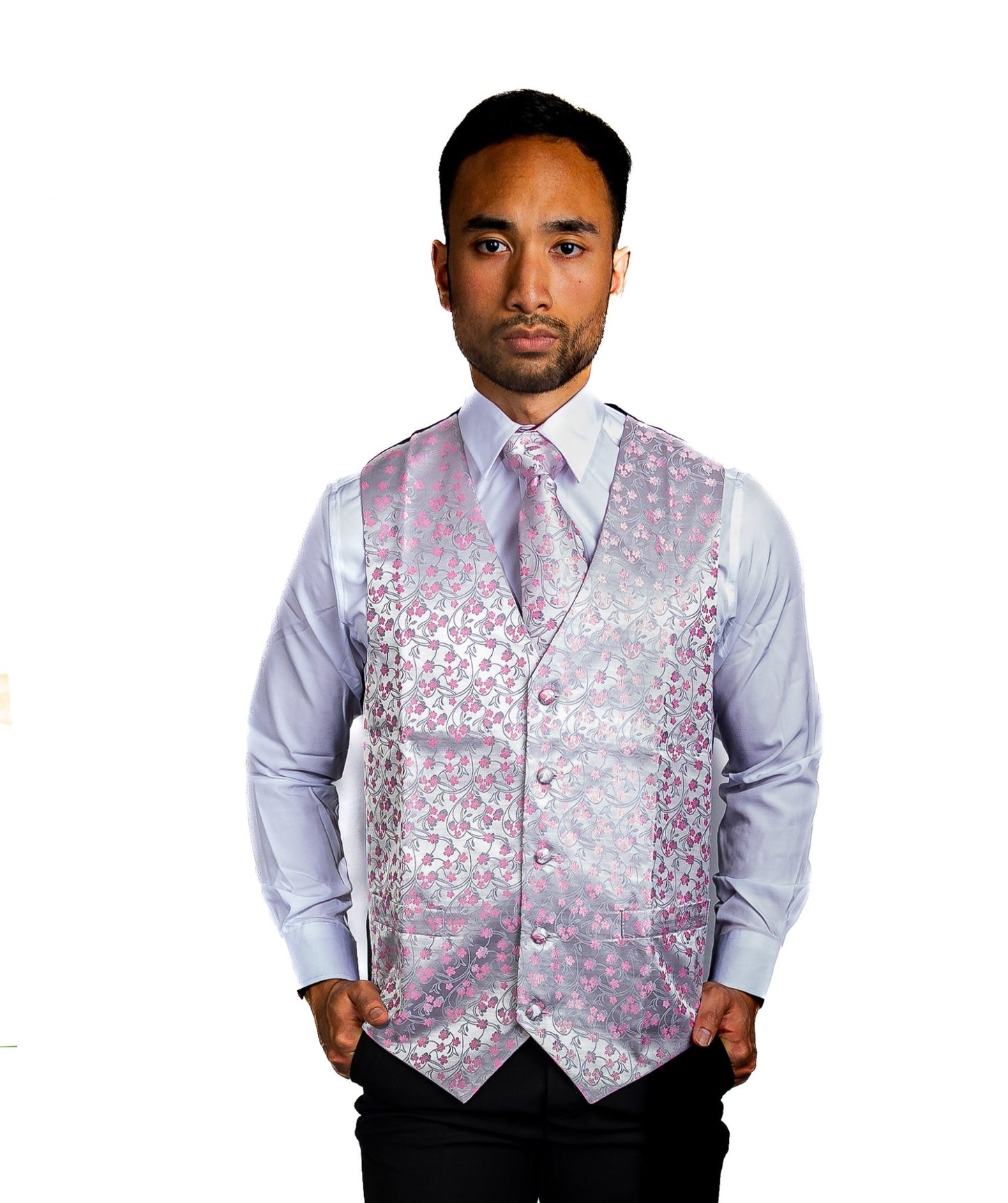 Men's Pink White Flower Silk Vest Necktie Pocket square Cufflinks - MJ - 2089 - SimonVon Shop