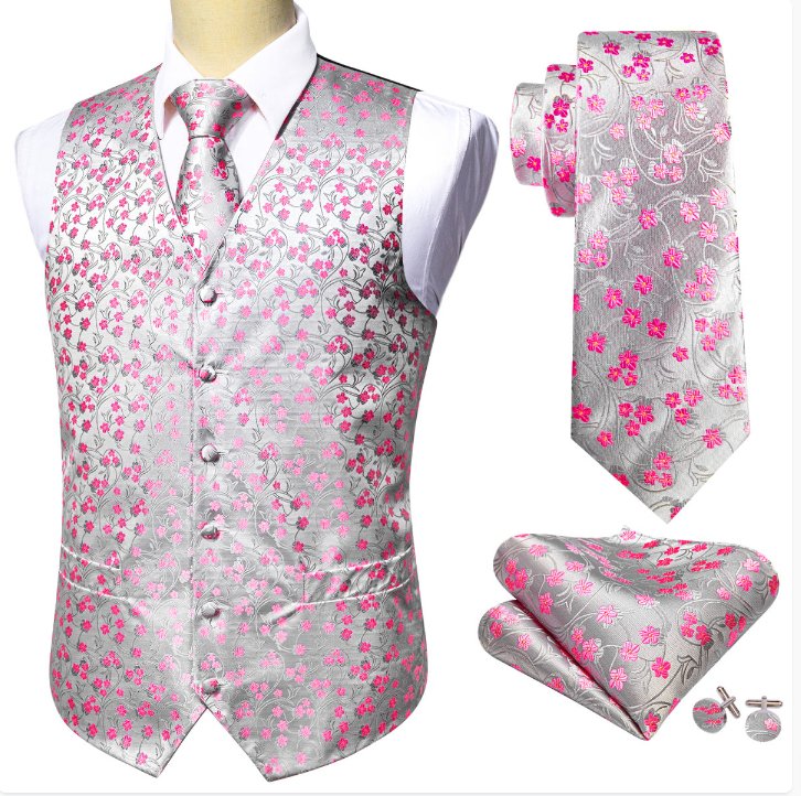 Men's Pink White Flower Silk Vest Necktie Pocket square Cufflinks - MJ - 2089 - SimonVon Shop