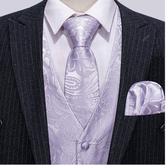 Men's Purple Paisley Silk Vest Necktie Pocket square Cufflinks - MJ - 2066 - SimonVon Shop