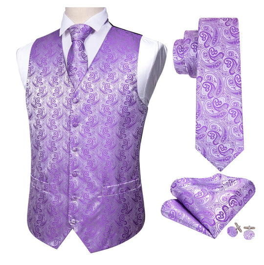 Men's Purple Paisley Silk Vest Necktie Pocket square Cufflinks - MJ - 2094 - SimonVon Shop