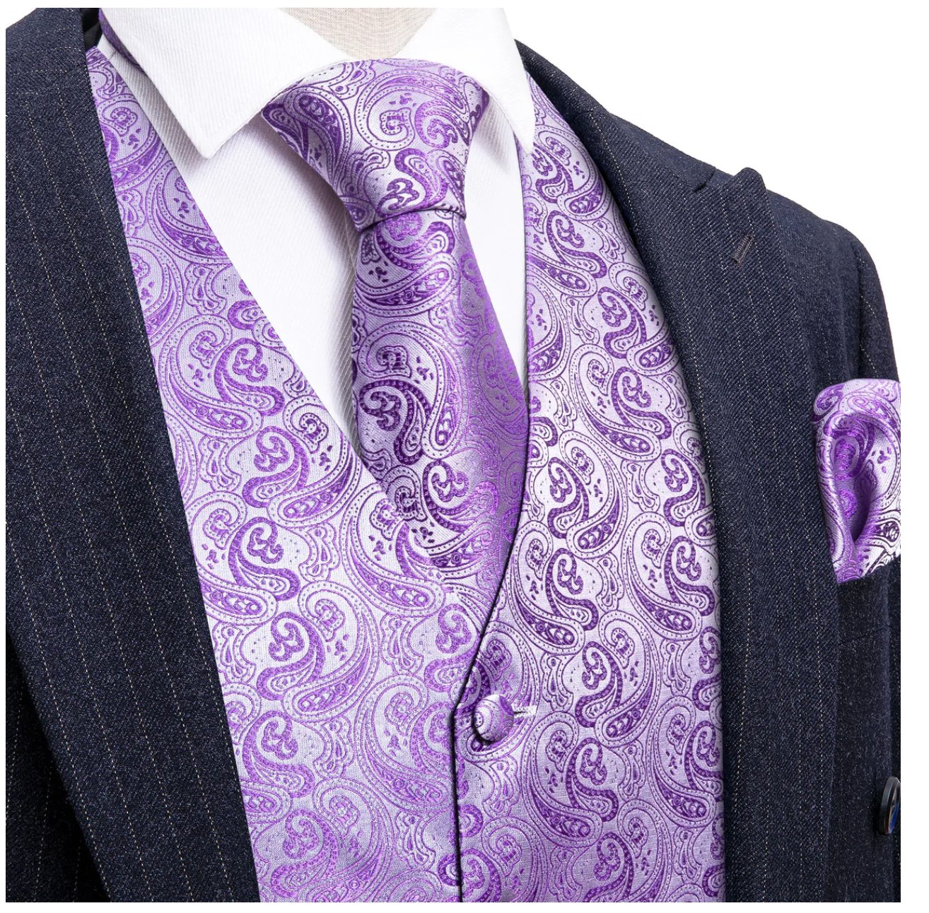 Men's Purple Paisley Silk Vest Necktie Pocket square Cufflinks- MJ-2094 - SimonVon Shop