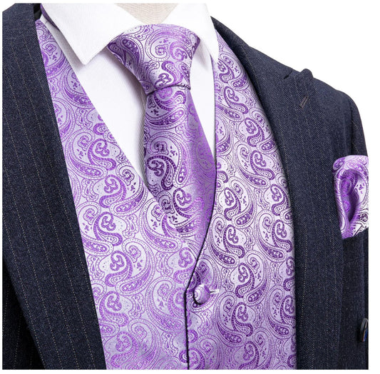 Men's Purple Paisley Silk Vest Necktie Pocket square Cufflinks - MJ - 2094 - SimonVon Shop