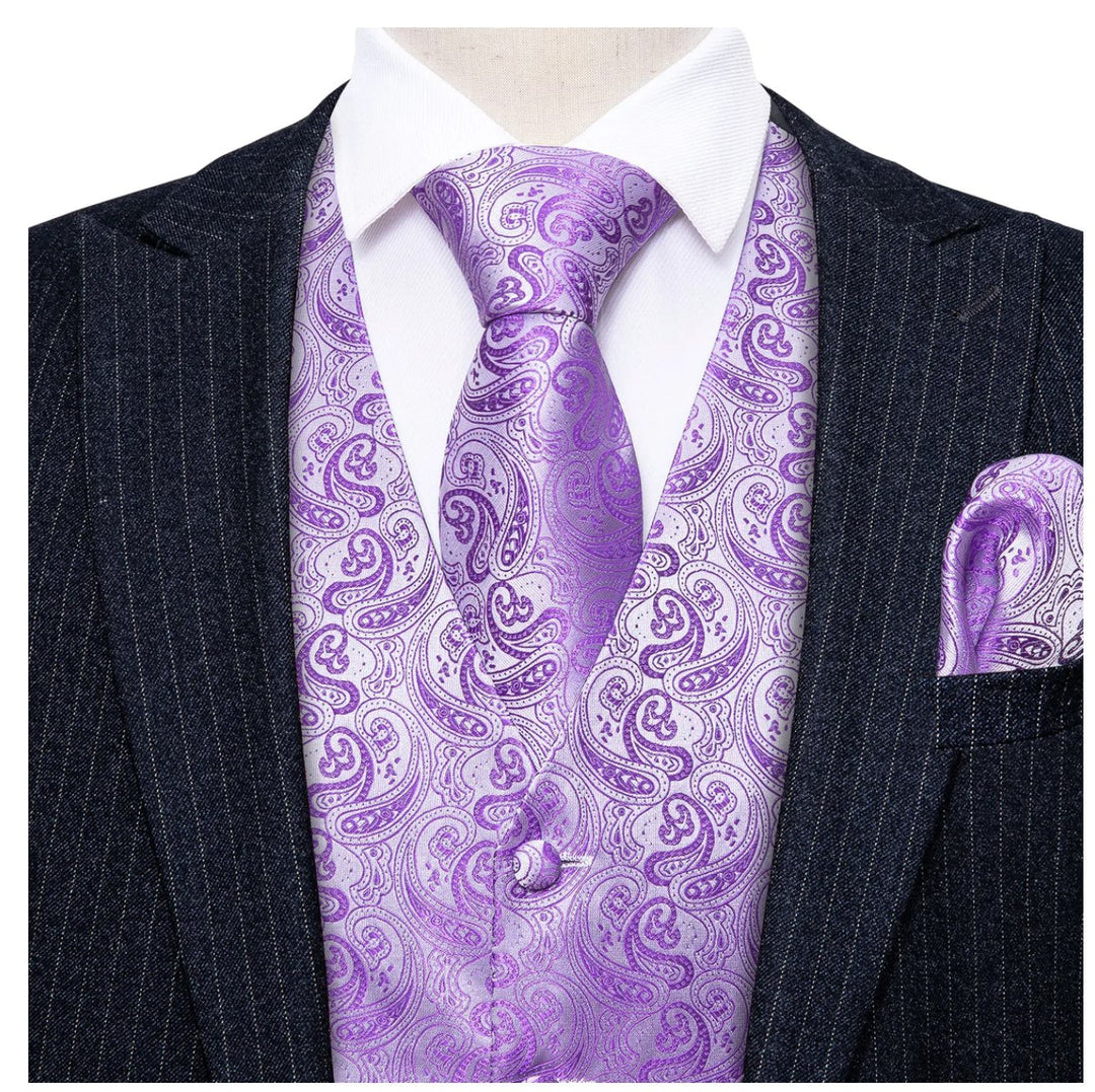 Men's Purple Paisley Silk Vest Necktie Pocket square Cufflinks - MJ - 2094 - SimonVon Shop