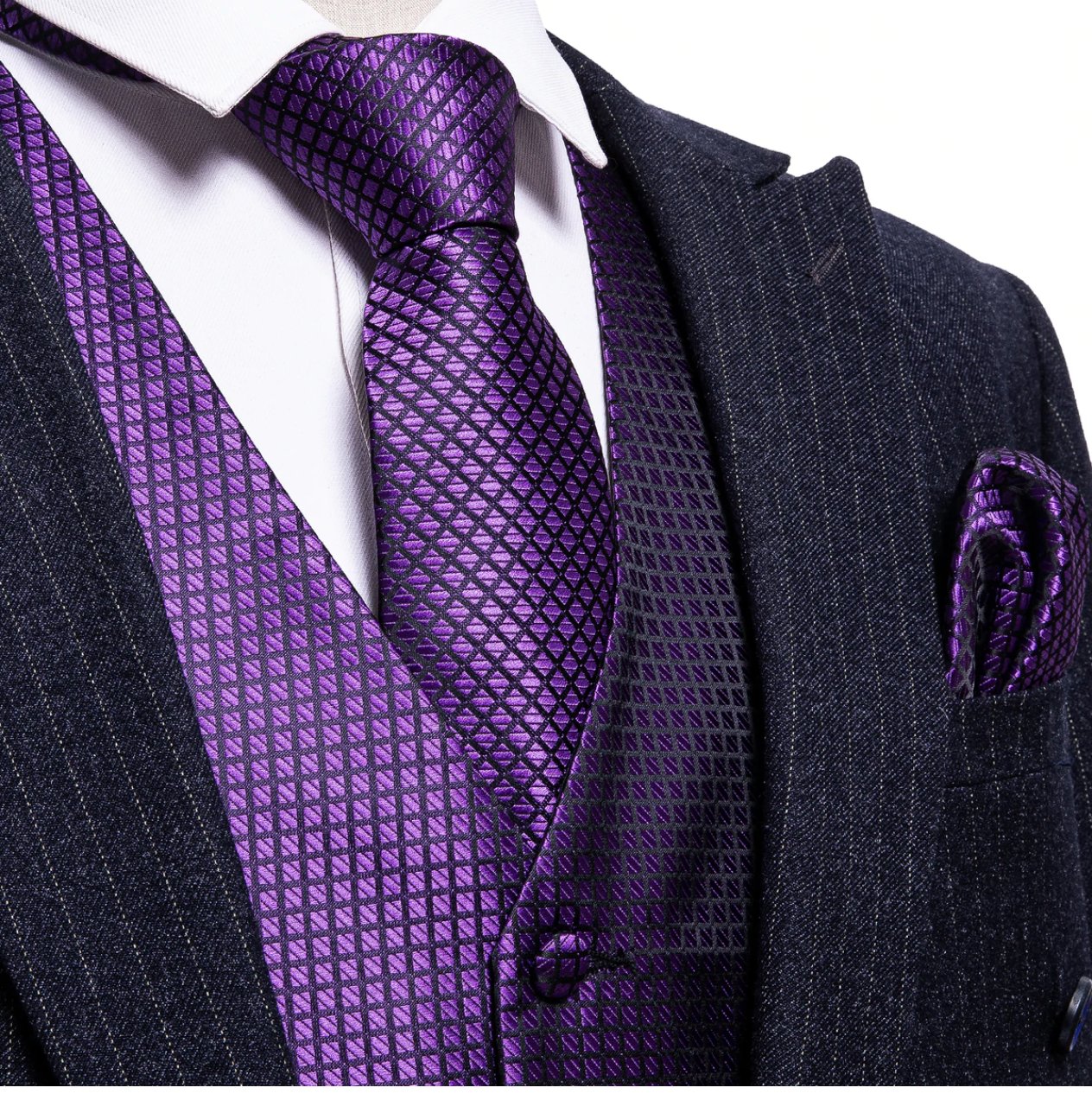 Men's Purple Plaid Silk Vest Necktie Pocket square Cufflinks.MJ-2026 - SimonVon Shop