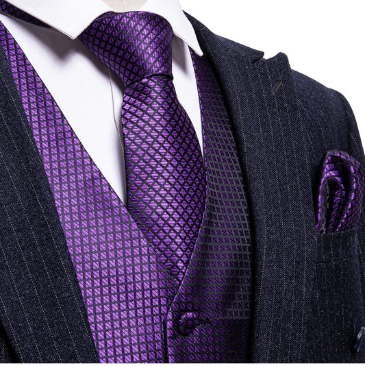 Men's Purple Plaid Silk Vest Necktie Pocket square Cufflinks.MJ - 2026 - SimonVon Shop