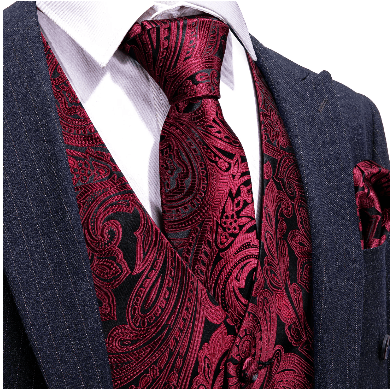 Men's Red Black Paisley Silk Vest Necktie Pocket square Cufflinks-MJ-2680 - SimonVon Shop