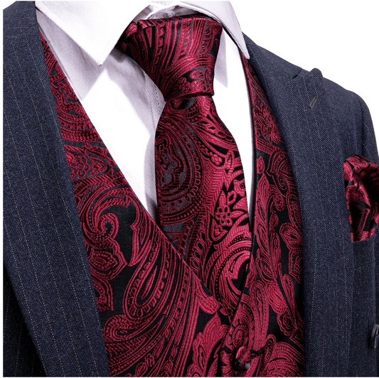 Men's Red Black Paisley Silk Vest Necktie Pocket square Cufflinks - MJ - 2680 - SimonVon Shop