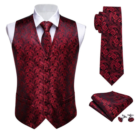 Men's Red Floral Silk Vest Necktie Pocket square Cufflinks - MJ2081 - SimonVon Shop