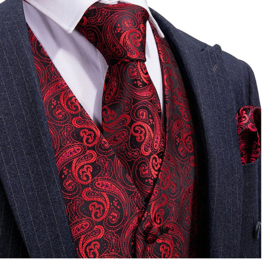 Men's Red Floral Silk Vest Necktie Pocket square Cufflinks - MJ2081 - SimonVon Shop