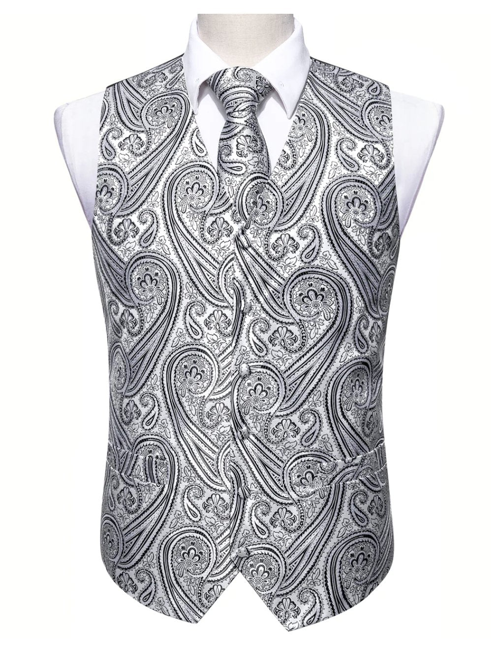 Men's Silver Black Paisley Silk Vest Necktie Pocket square Cufflinks - MJ - 2090 - SimonVon Shop