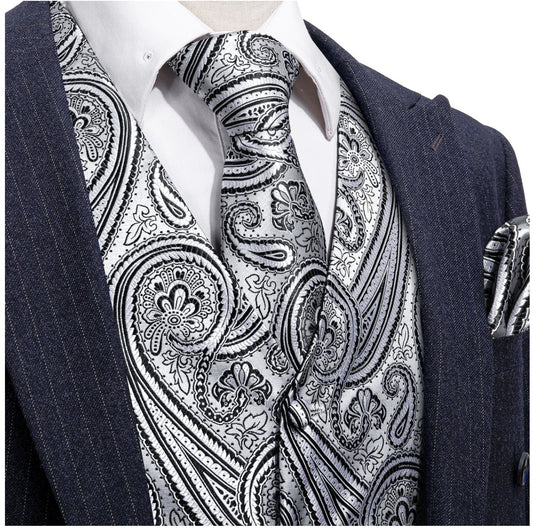 Men's Silver Black Paisley Silk Vest Necktie Pocket square Cufflinks - MJ - 2090 - SimonVon Shop