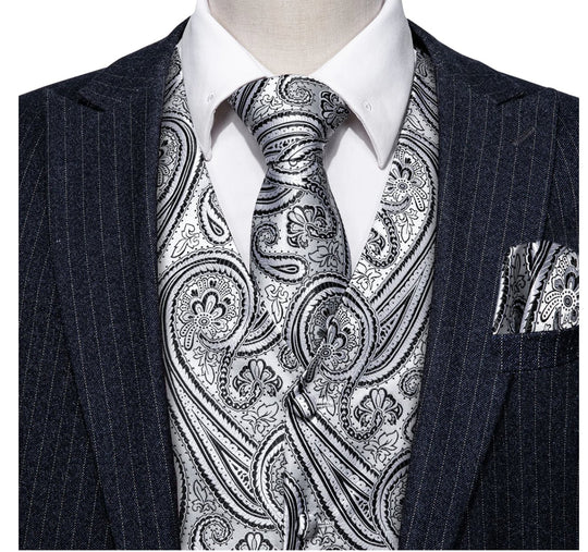 Men's Silver Black Paisley Silk Vest Necktie Pocket square Cufflinks - MJ - 2090 - SimonVon Shop