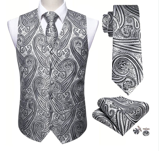 Men's Silver Black Paisley Silk Vest Necktie Pocket square Cufflinks - MJ - 2090 - SimonVon Shop