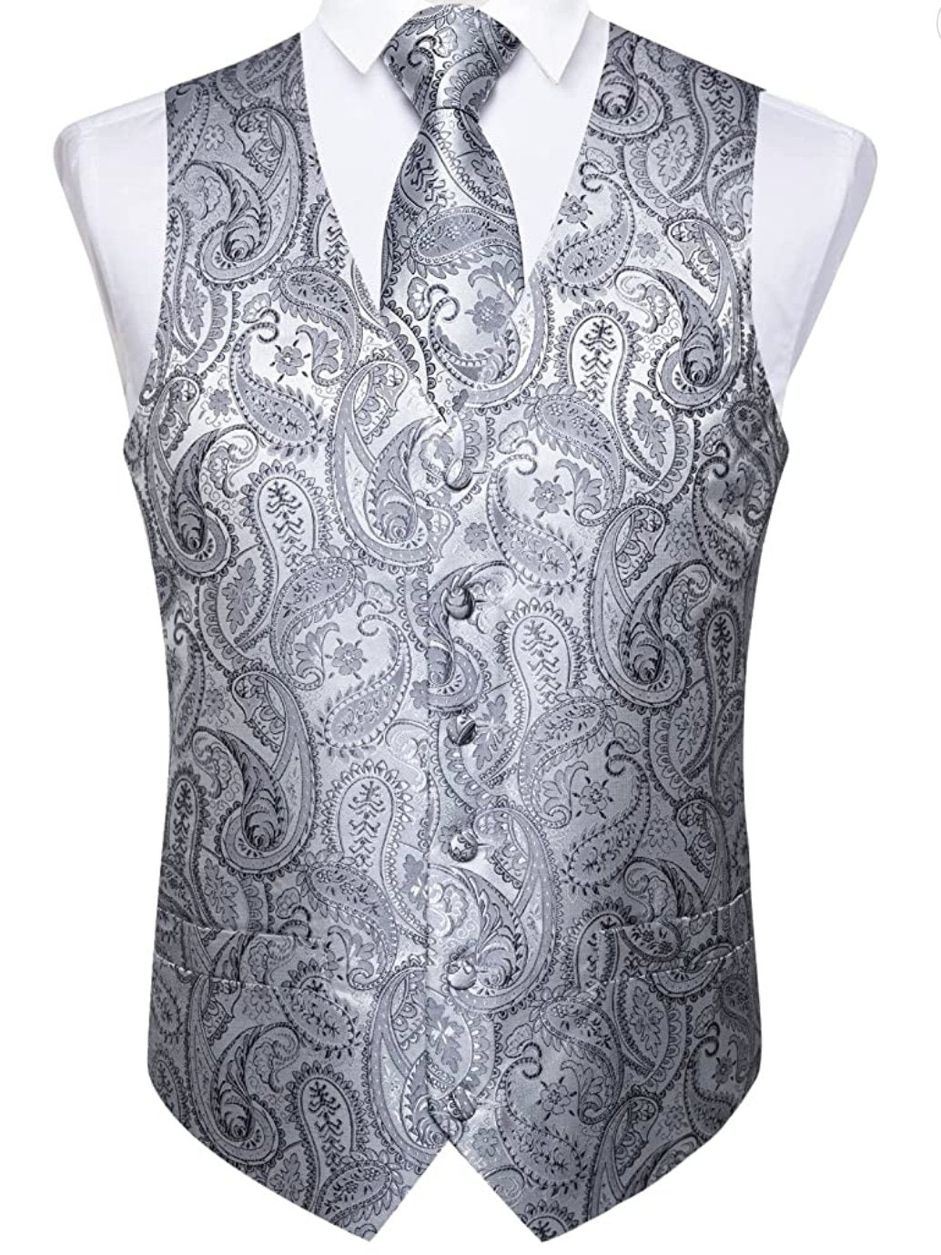 Men's Silver Paisley Silk Vest Necktie Pocket square Cufflinks.MJ - 0021 - SimonVon Shop