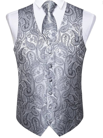 Men's Silver Paisley Silk Vest Necktie Pocket square Cufflinks.MJ - 0021 - SimonVon Shop