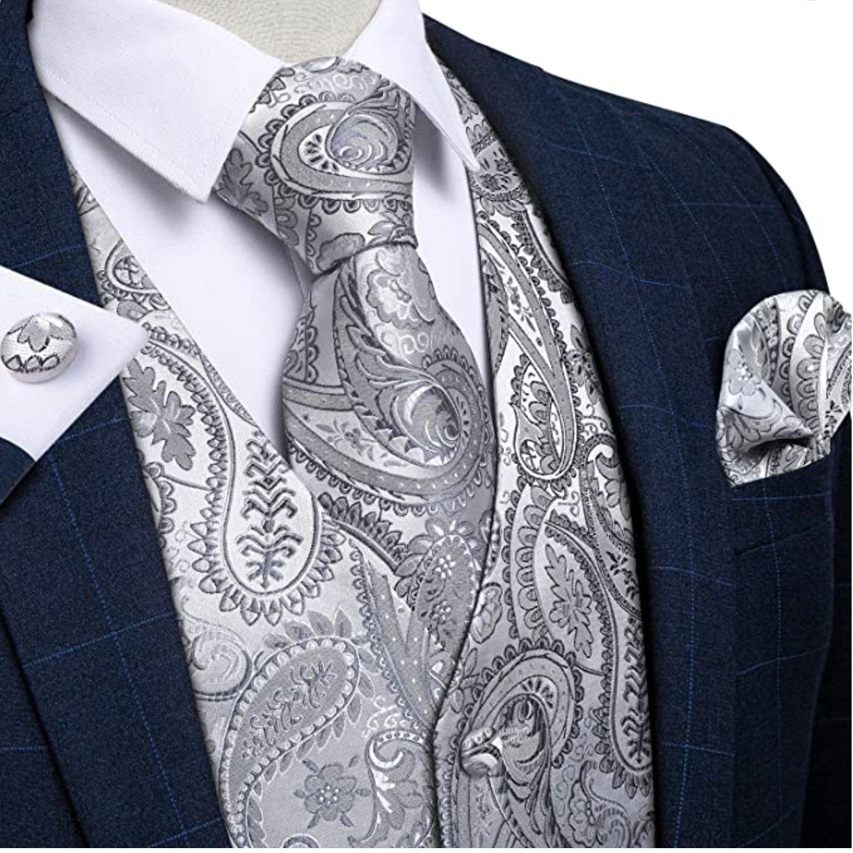 Men's Silver Paisley Silk Vest Necktie Pocket square Cufflinks.MJ - 0021 - SimonVon Shop