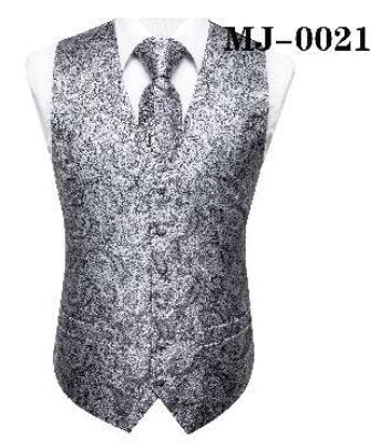 Men's Silver Paisley Silk Vest Necktie Pocket square Cufflinks.MJ - 0021 - SimonVon Shop