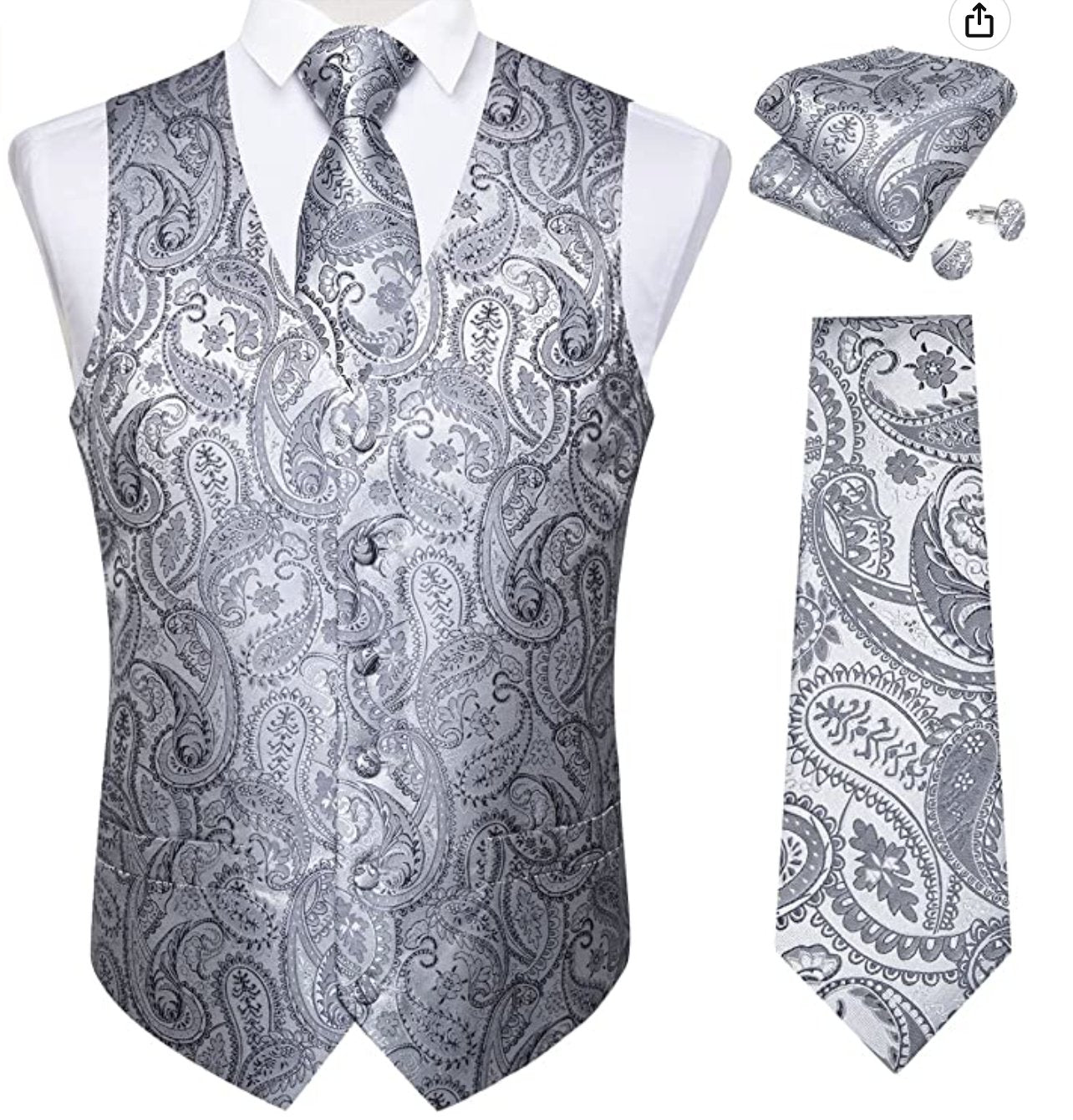 Men's Silver Paisley Silk Vest Necktie Pocket square Cufflinks.MJ - 0021 - SimonVon Shop