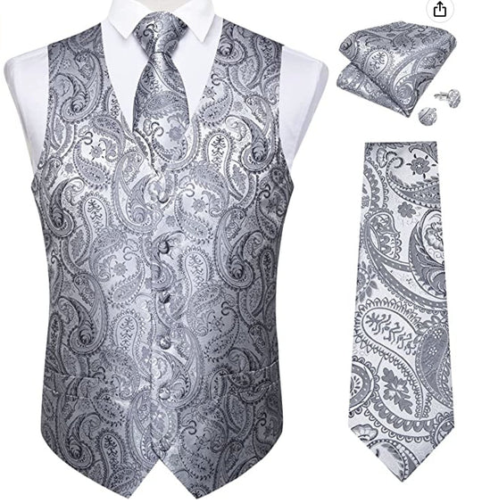 Men's Silver Paisley Silk Vest Necktie Pocket square Cufflinks.MJ - 0021 - SimonVon Shop