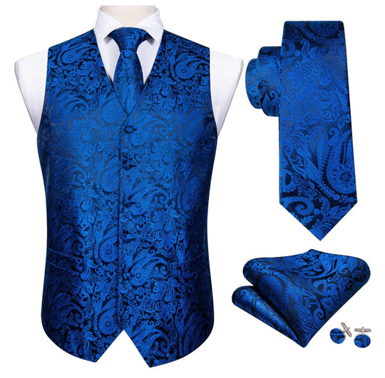 Men's Teal Blue Black Paisley Silk Vest Necktie Pocket square Cufflinks - MJ - 2091 - SimonVon Shop