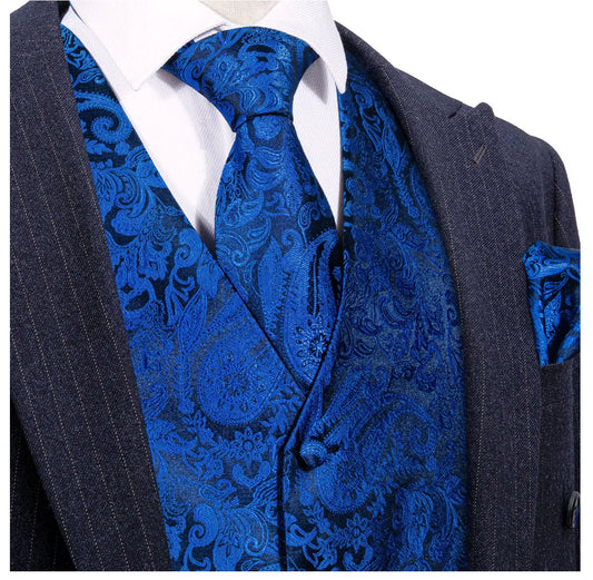 Men's Teal Blue Black Paisley Silk Vest Necktie Pocket square Cufflinks - MJ - 2091 - SimonVon Shop