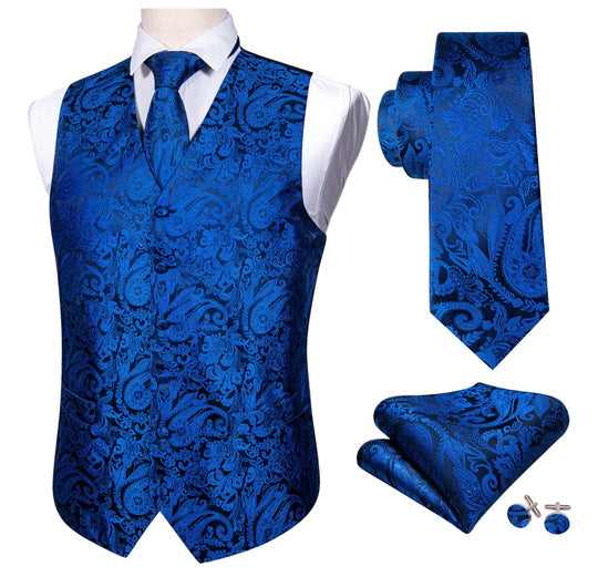 Men's Teal Blue Black Paisley Silk Vest Necktie Pocket square Cufflinks - MJ - 2091 - SimonVon Shop