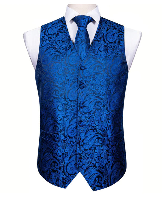 Men's Teal Blue Black Paisley Silk Vest Necktie Pocket square Cufflinks - MJ - 2091 - SimonVon Shop