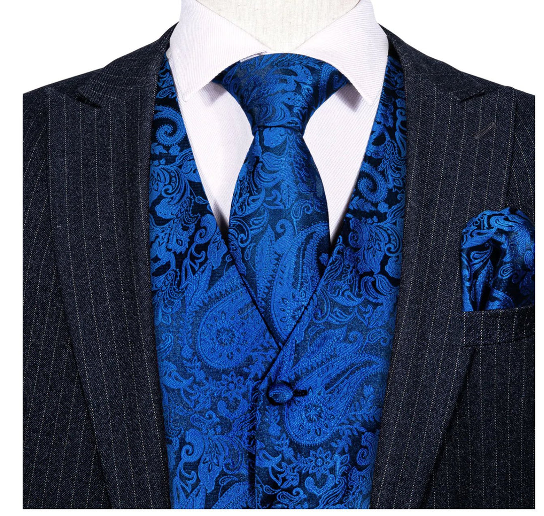 Men's Teal Blue Black Paisley Silk Vest Necktie Pocket square Cufflinks - MJ - 2091 - SimonVon Shop