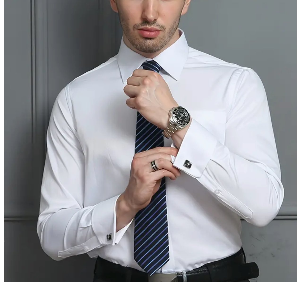 Mens White Premium Slim Fit French Cuff Dress Shirt -XJ69070 - SimonVon Shop