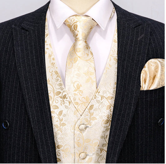 Men's Yellow Golden Floral Silk Vest Necktie Pocket square Cufflinks MJ - 2058 - SimonVon Shop