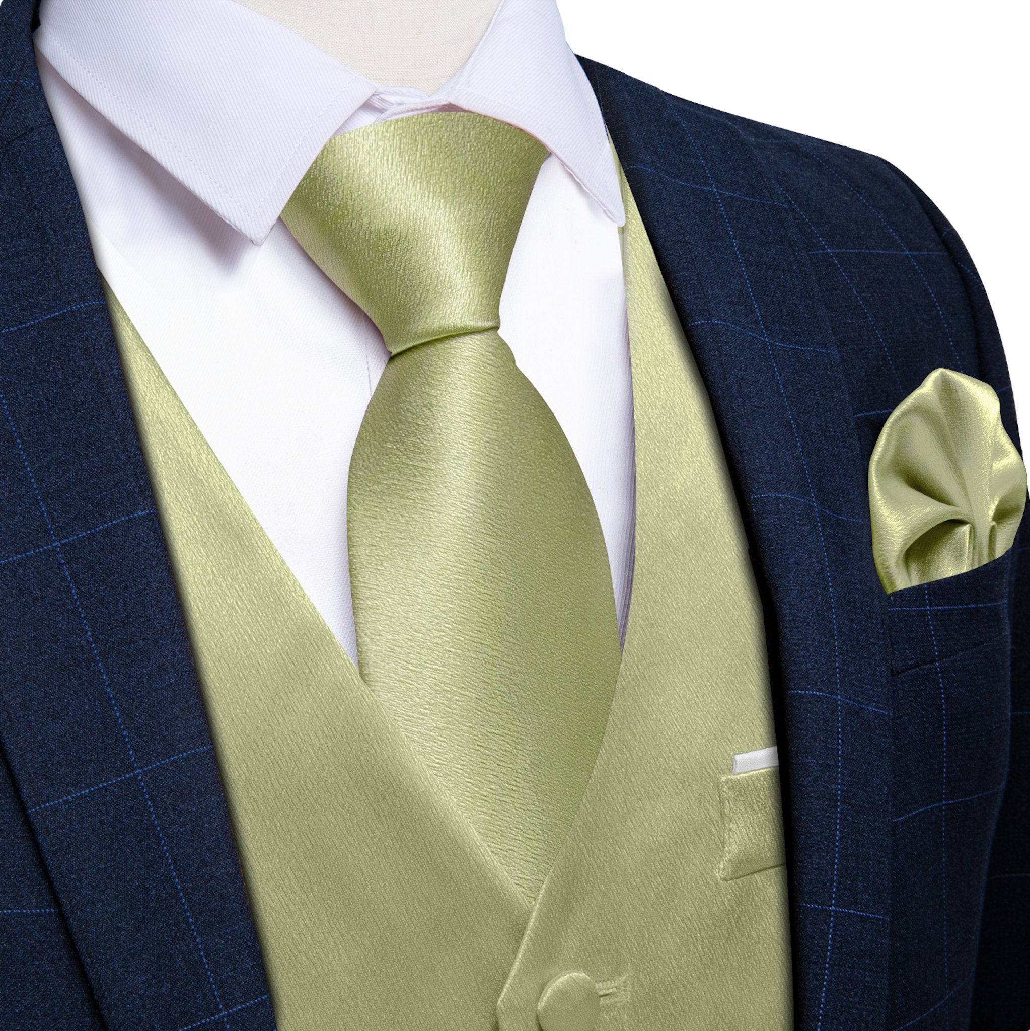 Mint Green Solid Satin Waistcoat Vest Tie Handkerchief Cufflinks Set- MJ-0654 - SimonVon Shop