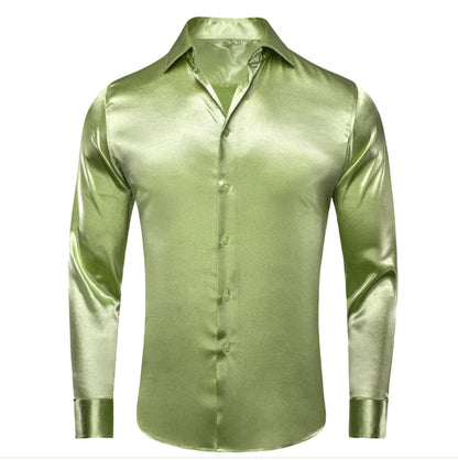 New Apple Green Satin Silk Men's Long Sleeve Shirt - CY - 1506 - SimonVon Shop