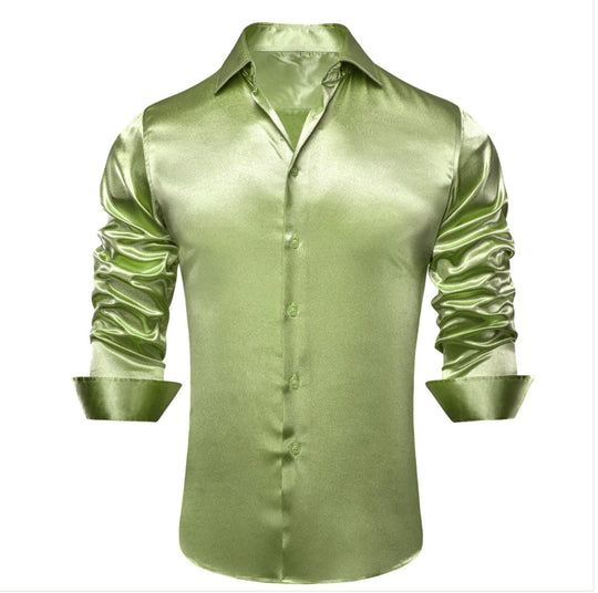 New Apple Green Satin Silk Men's Long Sleeve Shirt - CY - 1506 - SimonVon Shop