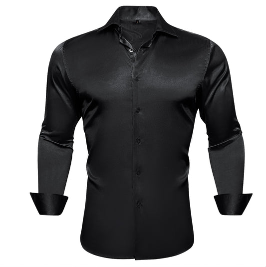 New Black Satin Silk Men's Long Sleeve Shirt - CY - 0538 - SimonVon Shop