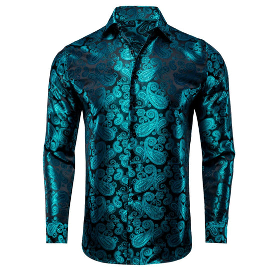 New Blue Black Paisley Silk Men's Long Sleeve Shirt Casual - CY1610 - SimonVon Shop