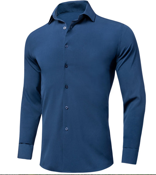 New Blue Solid Stretch Men's Long Sleeve Shirt - CY - 1057 - SimonVon Shop