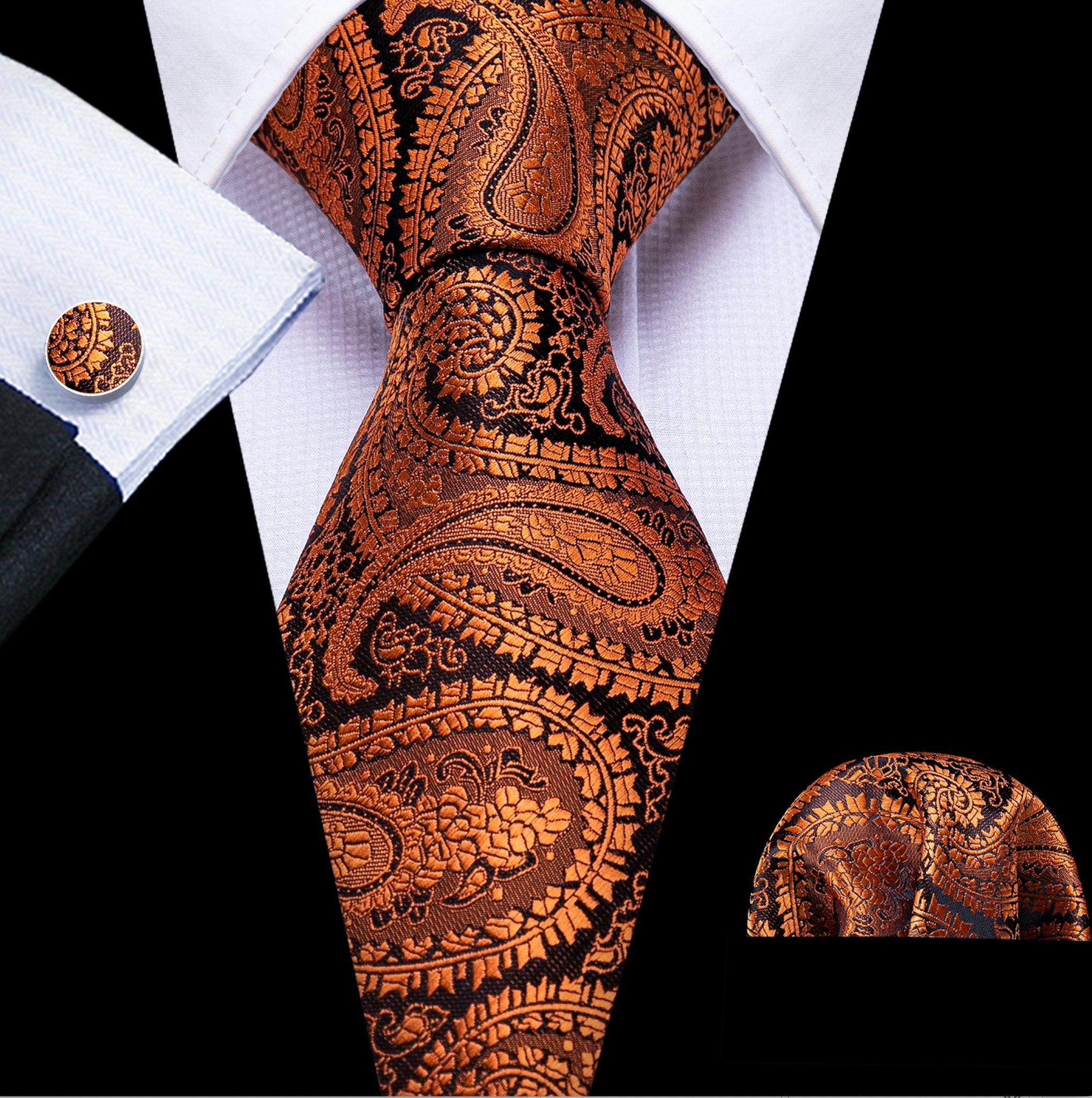 New Brown Black Paisley Silk Tie Hanky Cufflinks Set-N-5315 - SimonVon Shop