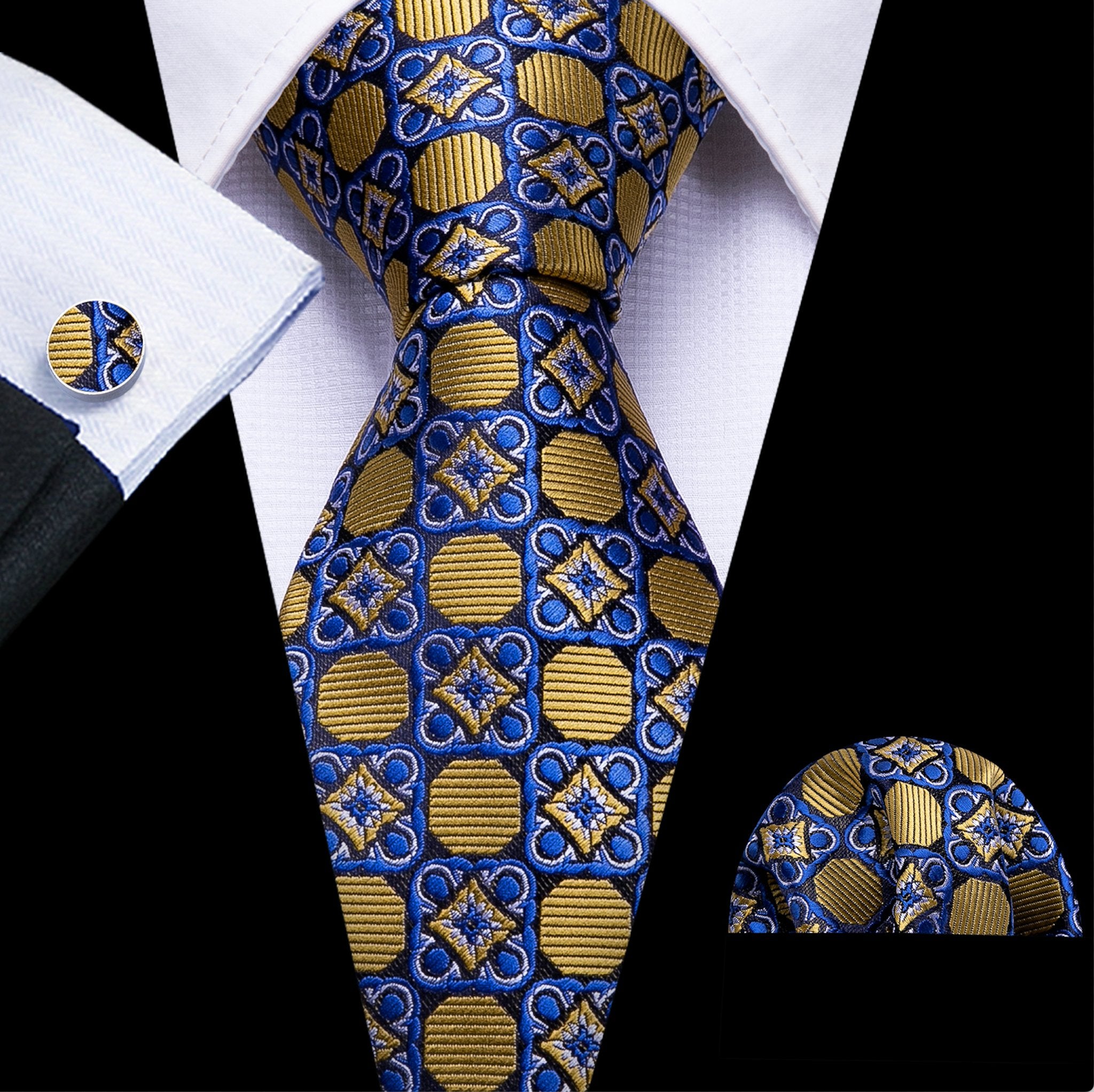 New Brown Blue Floral Geometric Silk Tie Hanky Cufflinks Set-N-5336 - SimonVon Shop