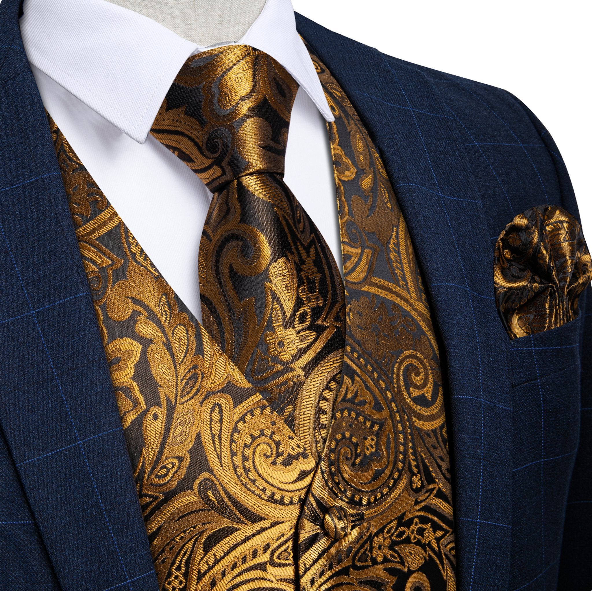 New Golden Black Paisley with White Floral Silk Men's Vest Hanky Cufflinks Tie Set Waistcoat Suit Set- MJ-0612 - SimonVon Shop
