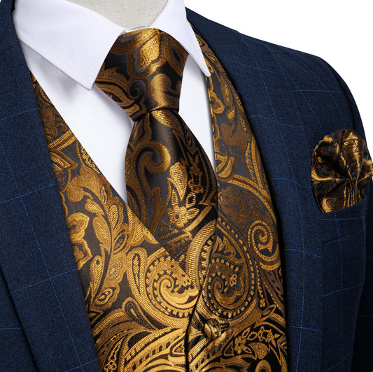 New Golden Black Paisley with White Floral Silk Men's Vest Hanky Cufflinks Tie Set Waistcoat Suit Set - MJ - 0612 - SimonVon Shop