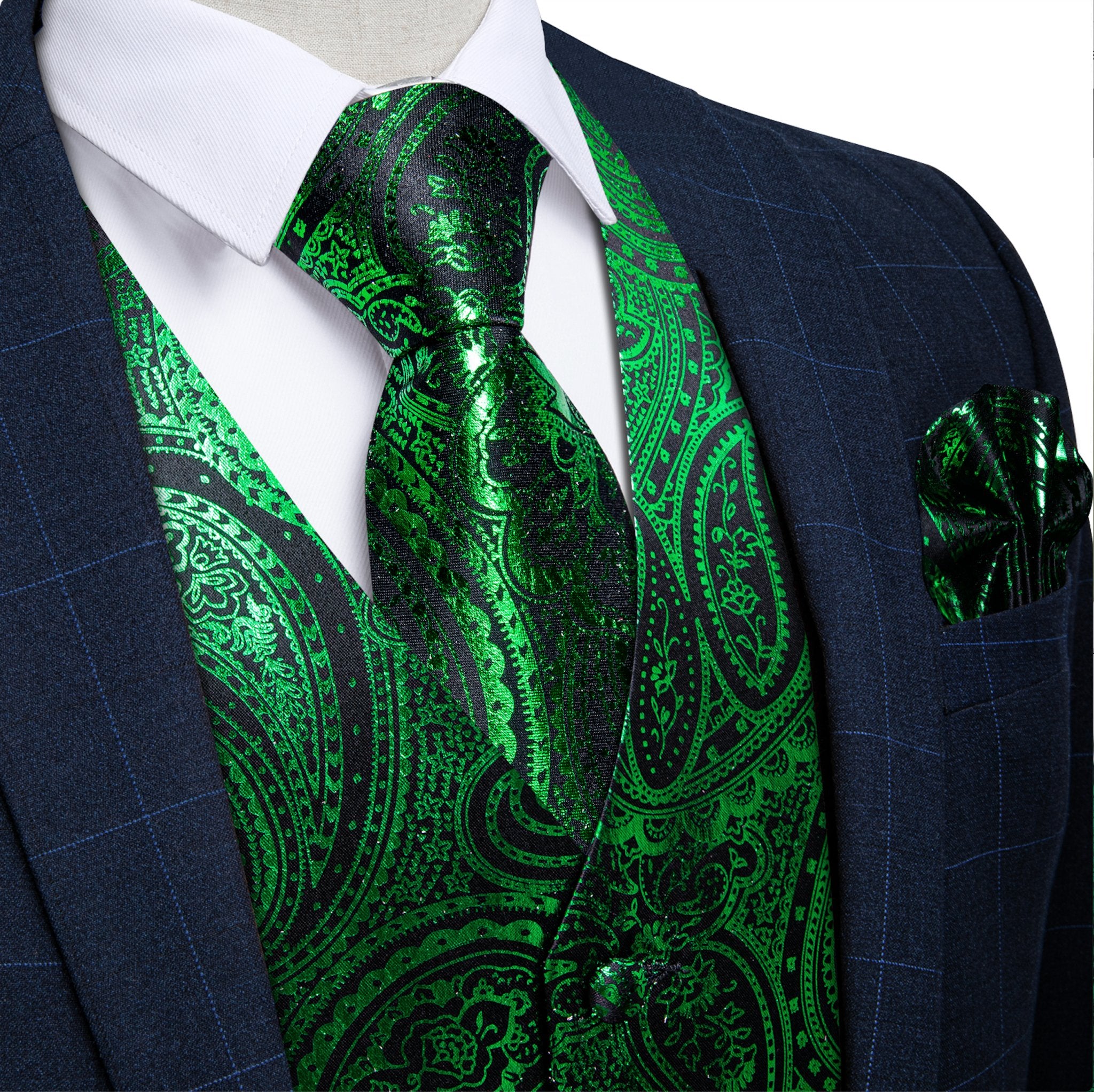 NEW GREEN PAISLEY JACQUARD SILK WAISTCOAT VEST TIE POCKET SQUARE CUFFLINKS SET-MJ-0603 - SimonVon Shop