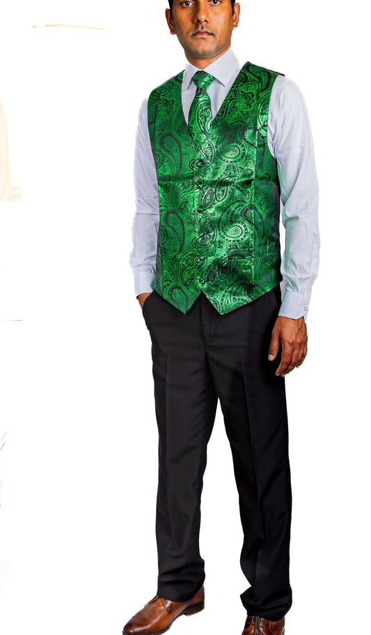 NEW GREEN PAISLEY JACQUARD SILK WAISTCOAT VEST TIE POCKET SQUARE CUFFLINKS SET - MJ - 0603 - SimonVon Shop