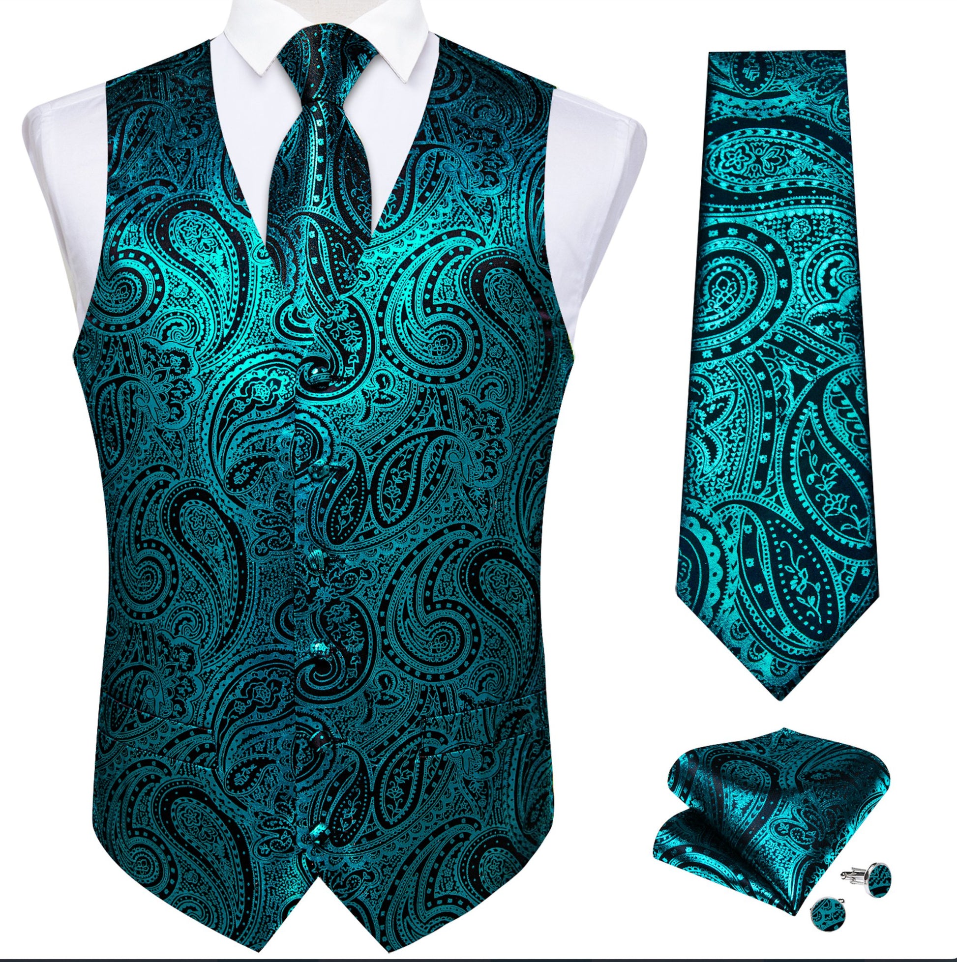 NEW GREEN PAISLEY JACQUARD SILK WAISTCOAT VEST TIE POCKET SQUARE CUFFLINKS SET - MJ - 0607 - SimonVon Shop