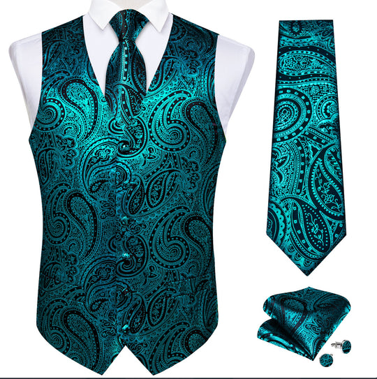 NEW GREEN PAISLEY JACQUARD SILK WAISTCOAT VEST TIE POCKET SQUARE CUFFLINKS SET - MJ - 0607 - SimonVon Shop