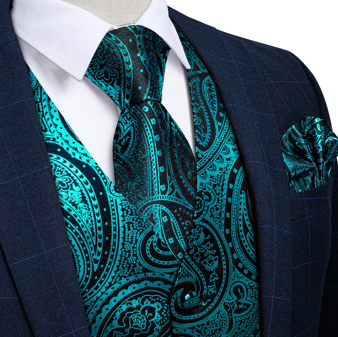 NEW GREEN PAISLEY JACQUARD SILK WAISTCOAT VEST TIE POCKET SQUARE CUFFLINKS SET - MJ - 0607 - SimonVon Shop