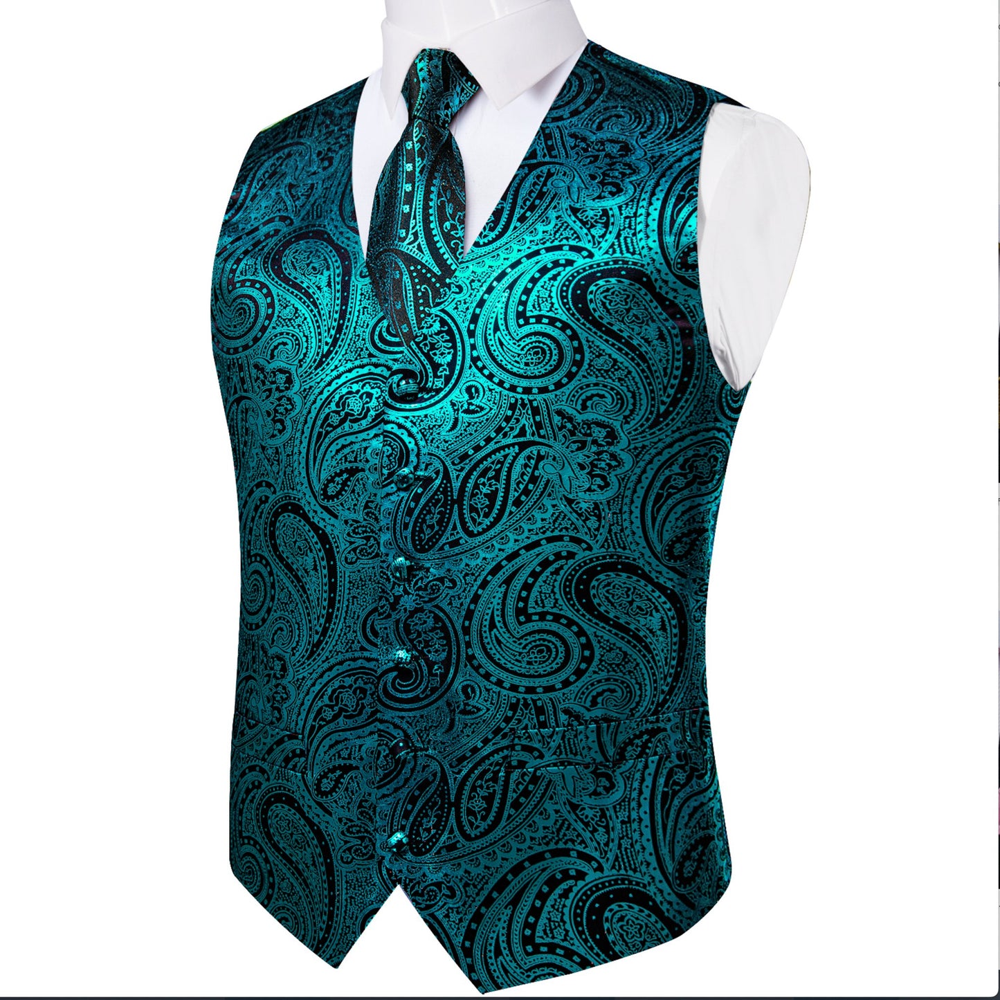 NEW GREEN PAISLEY JACQUARD SILK WAISTCOAT VEST TIE POCKET SQUARE CUFFLINKS SET - MJ - 0607 - SimonVon Shop